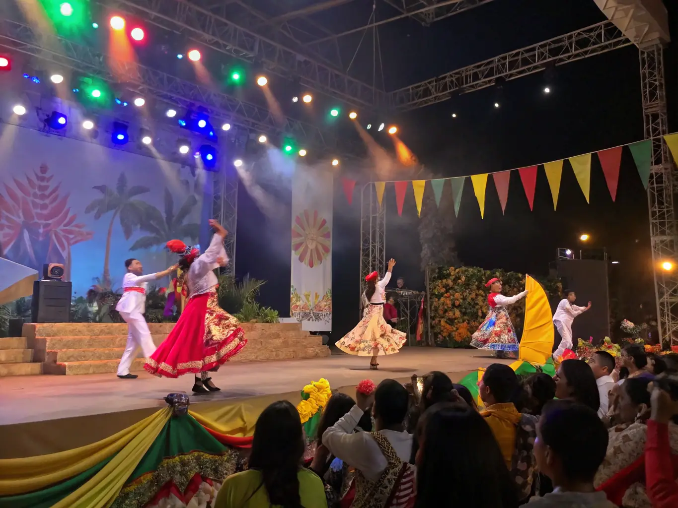A vibrant scene from a cultural festival celebrating Pierre Loti, featuring traditional music, dance, and theatrical performances in a historical setting.