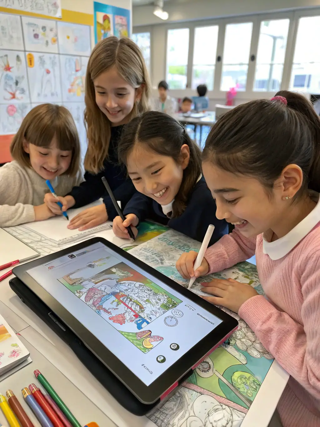 A picture of children participating in a creative writing workshop focused on Pierre Loti's works, emphasizing UNE ROSE POUR AZIYADE's educational outreach.