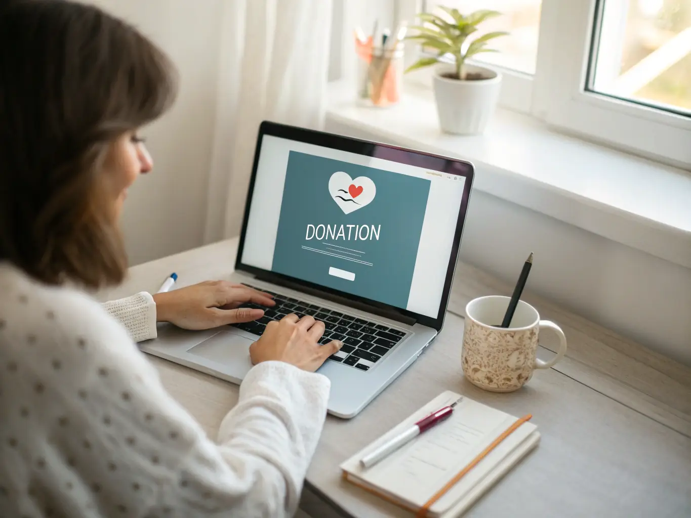 A person making an online donation to UNE ROSE POUR AZIYADE via a laptop, with the organization's logo subtly displayed in the background.