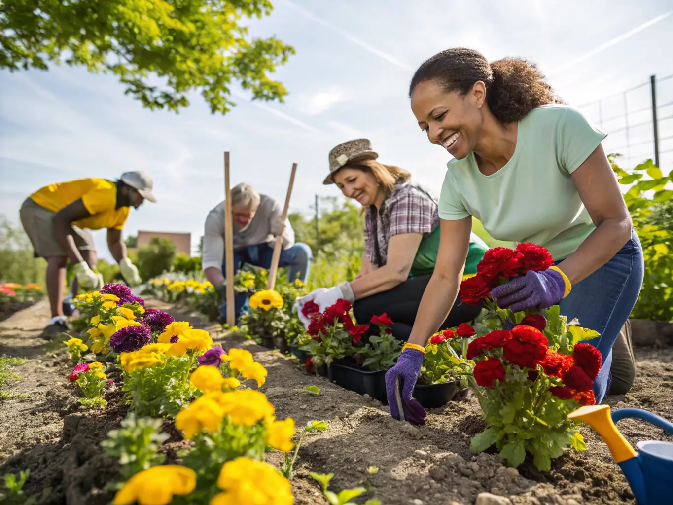 Volunteers planting roses at a historical site associated with Pierre Loti, symbolizing the organization's commitment to environmental beautification and cultural preservation.