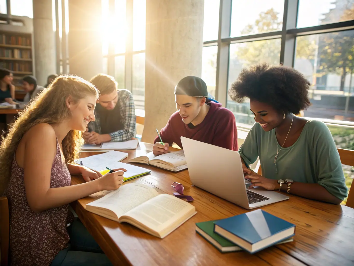 A group of students participating in a creative writing workshop inspired by Pierre Loti's novels, set in a library with historical books and artifacts.